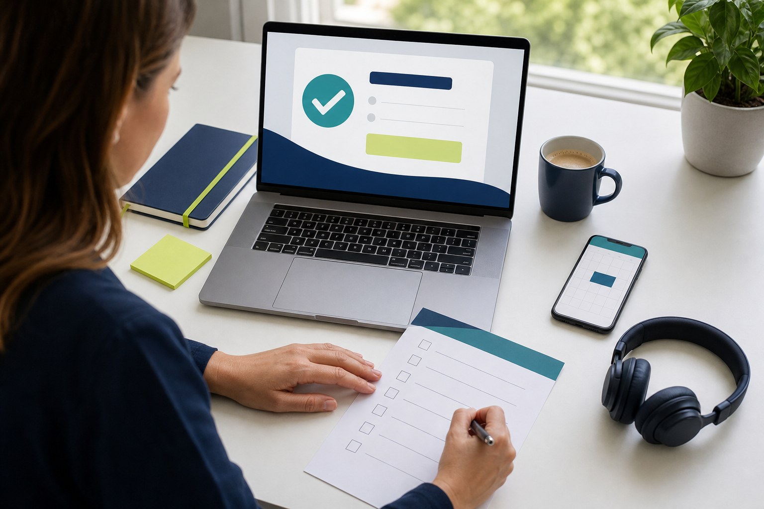 Webinar organizer reviewing a confirmation checklist beside a laptop and calendar