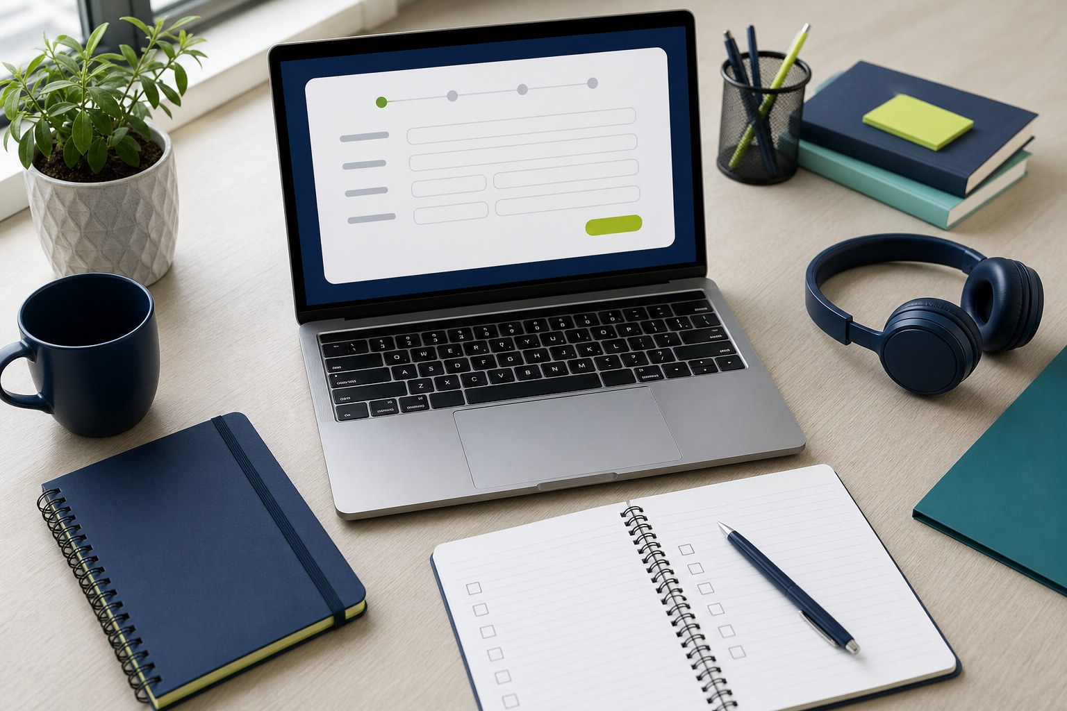 Webinar registration planning desk with a laptop, checklist, headphones, and notebook