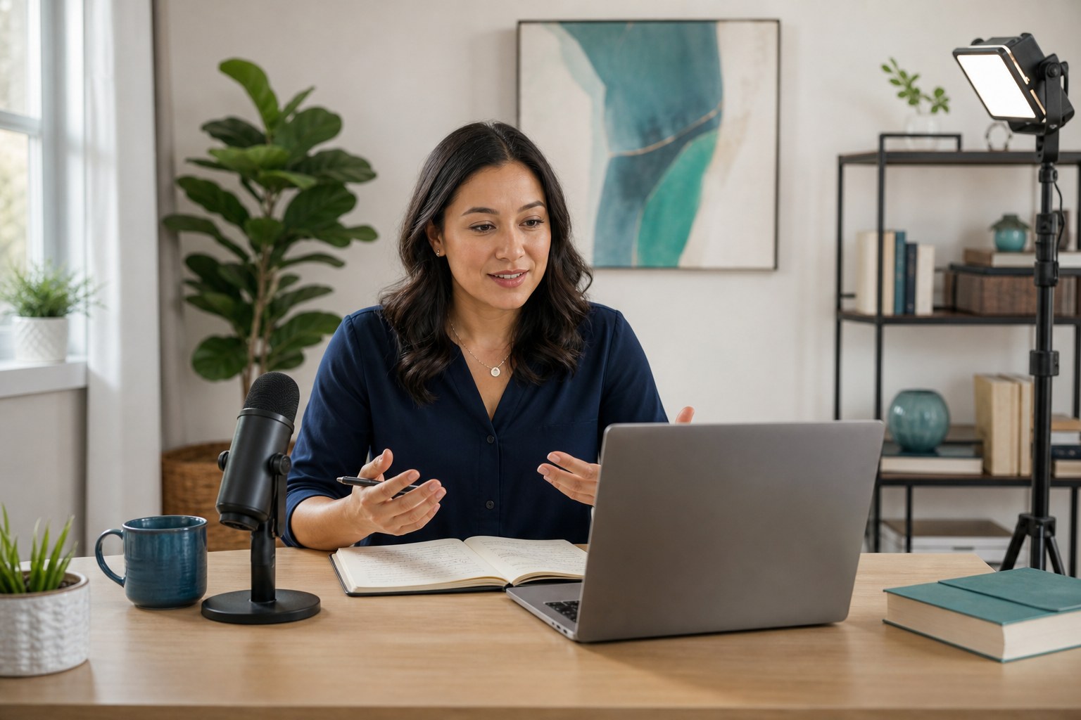 Webinar presenter preparing a clear session promise at a desk with a microphone and laptop