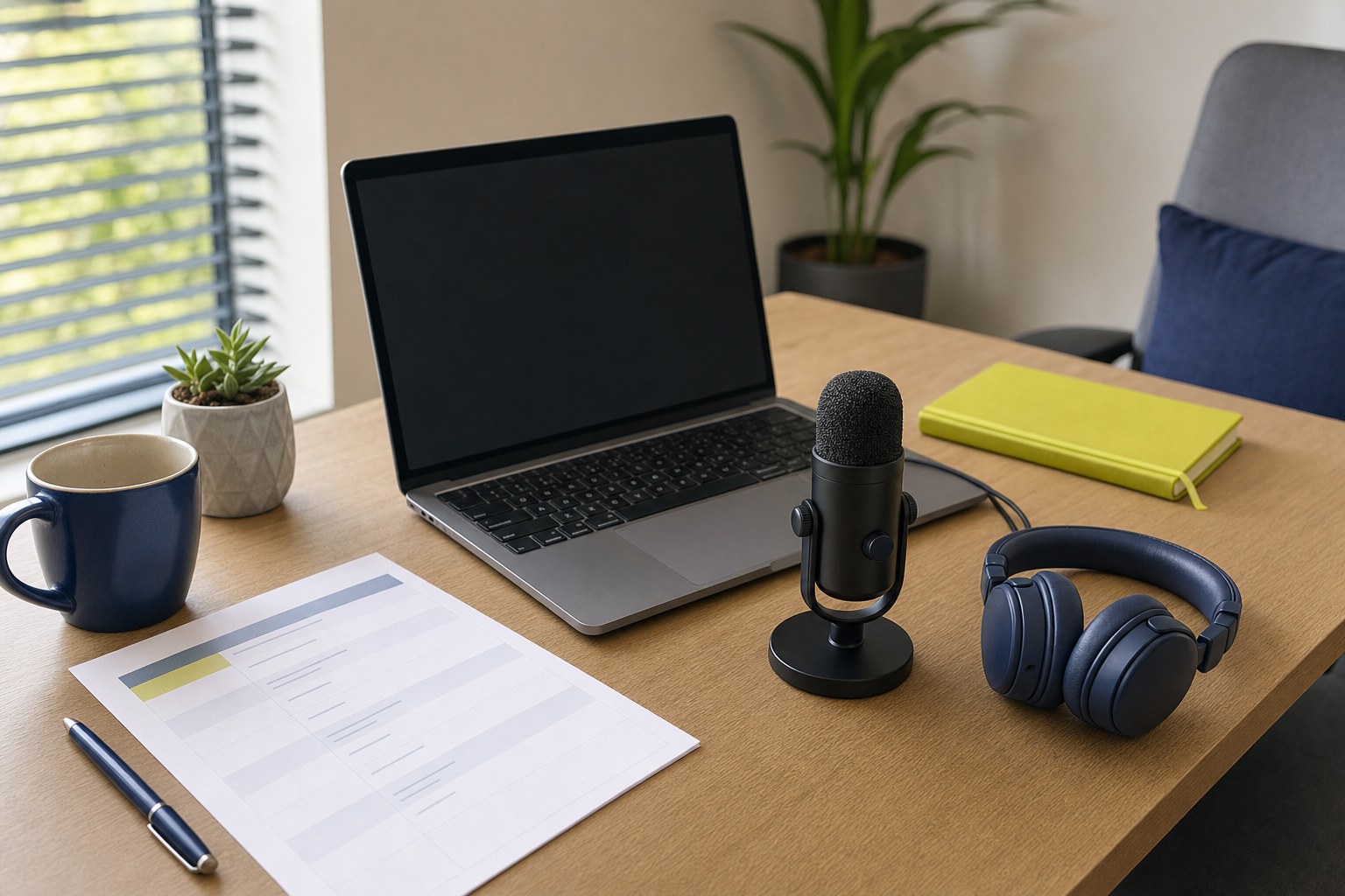 Webinar rehearsal desk with a cue sheet, microphone, headset, and laptop