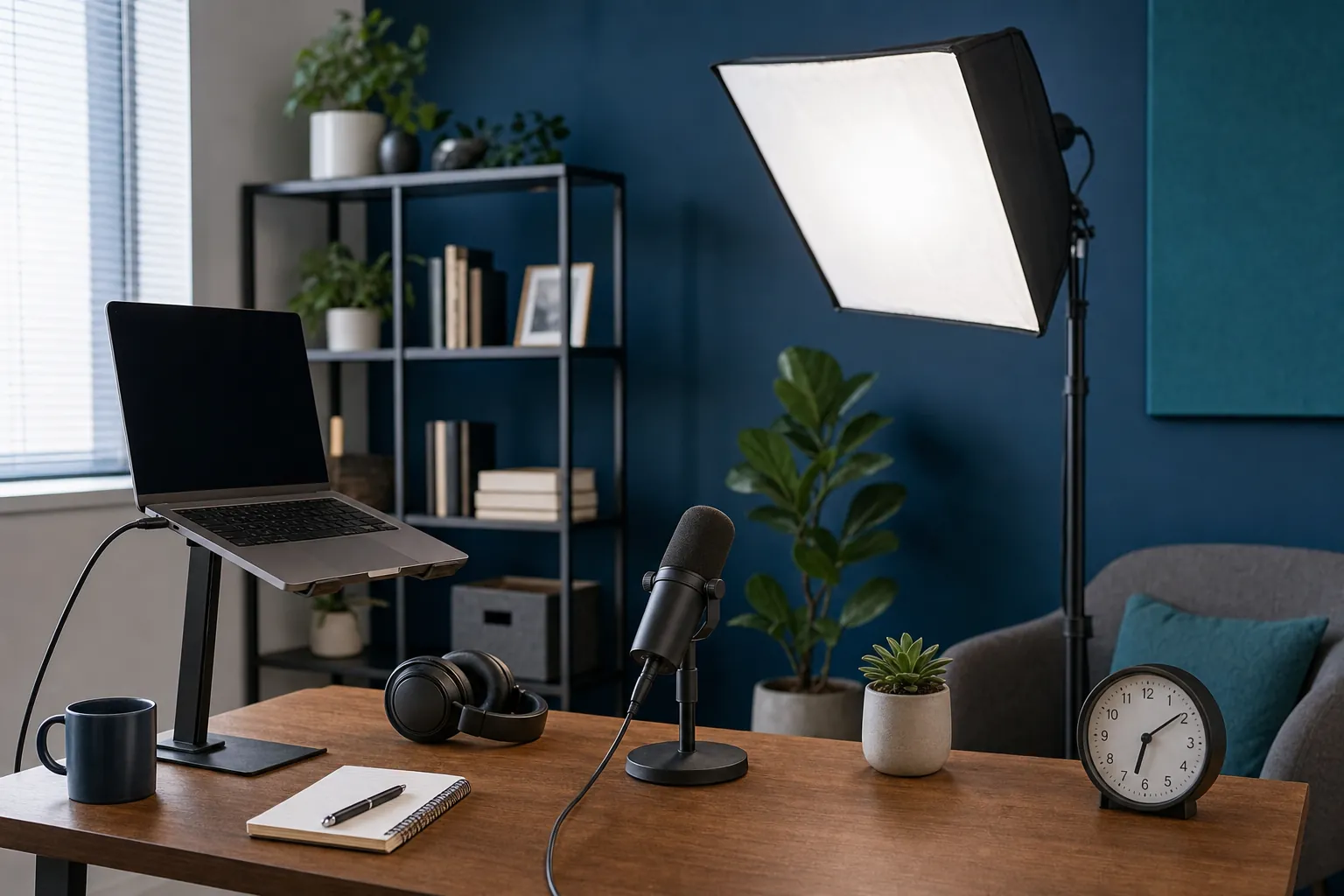 A webinar rehearsal setup with a laptop, microphone, headphones, and studio light