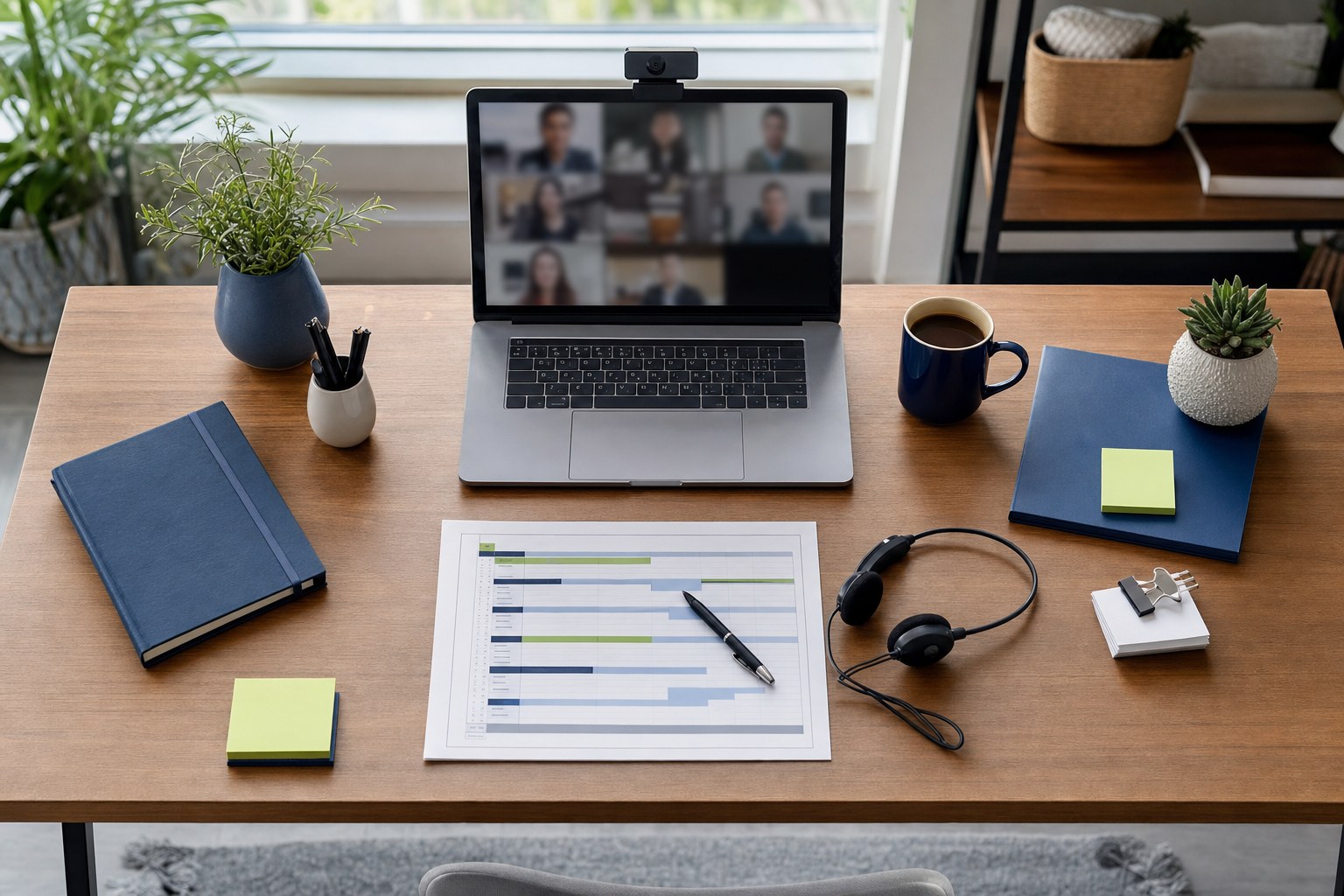 Webinar producer desk with a timed run of show, laptop, headset, and host supplies