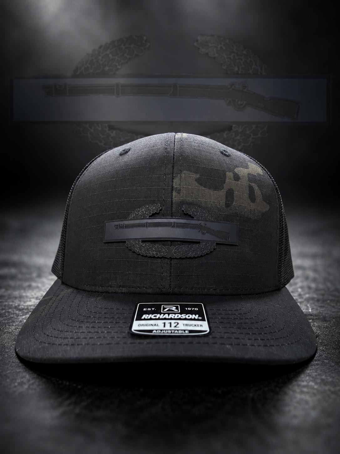 Combat Infantry Badge Leather Patch Hat – Tactical Military Hat – Veteran Gift – Richardson 112 Trucker – Custom Engraved Patch