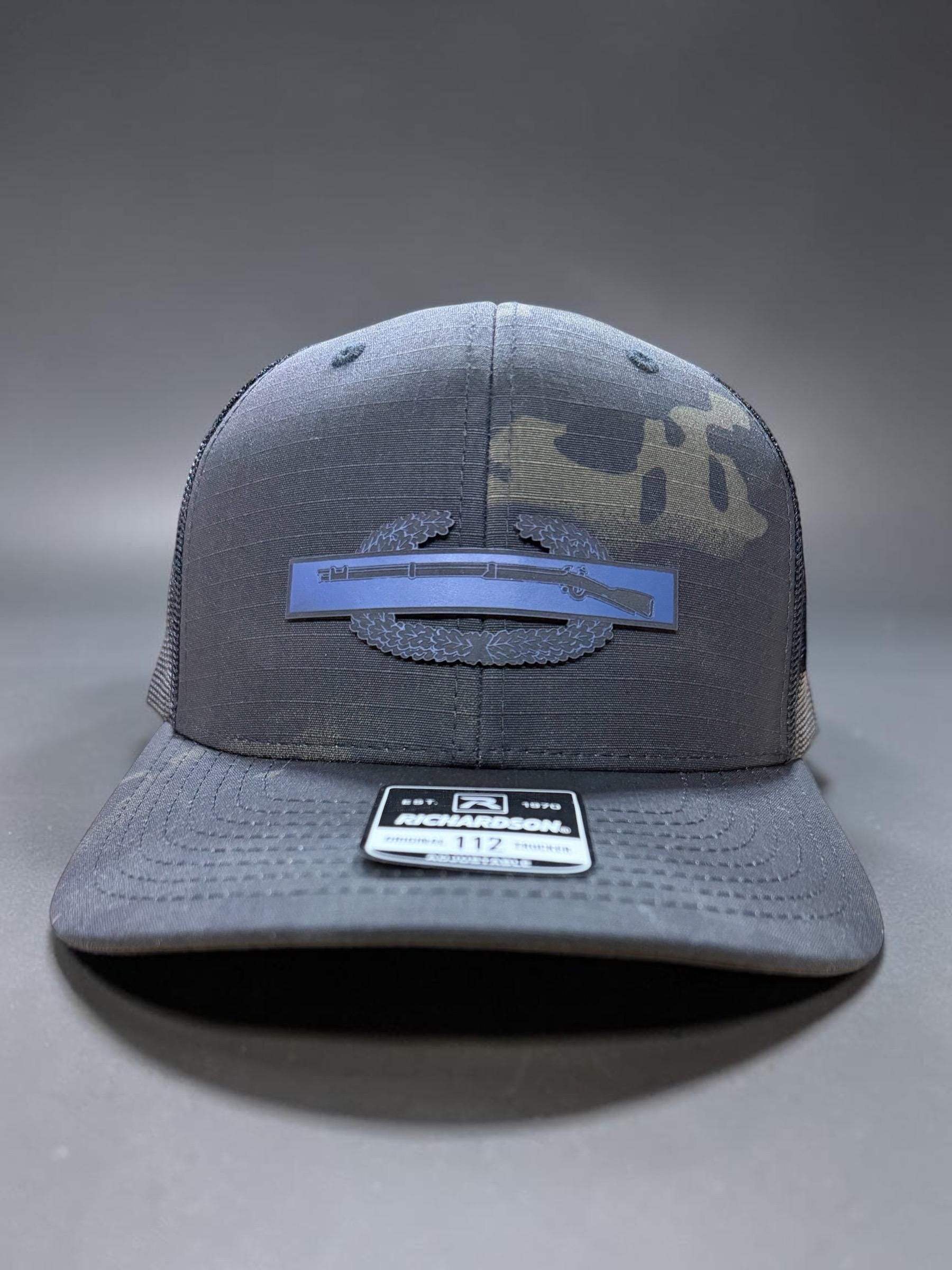 Combat Infantry Badge Leather Patch Hat – Tactical Military Hat – Veteran Gift – Richardson 112 Trucker – Custom Engraved Patch