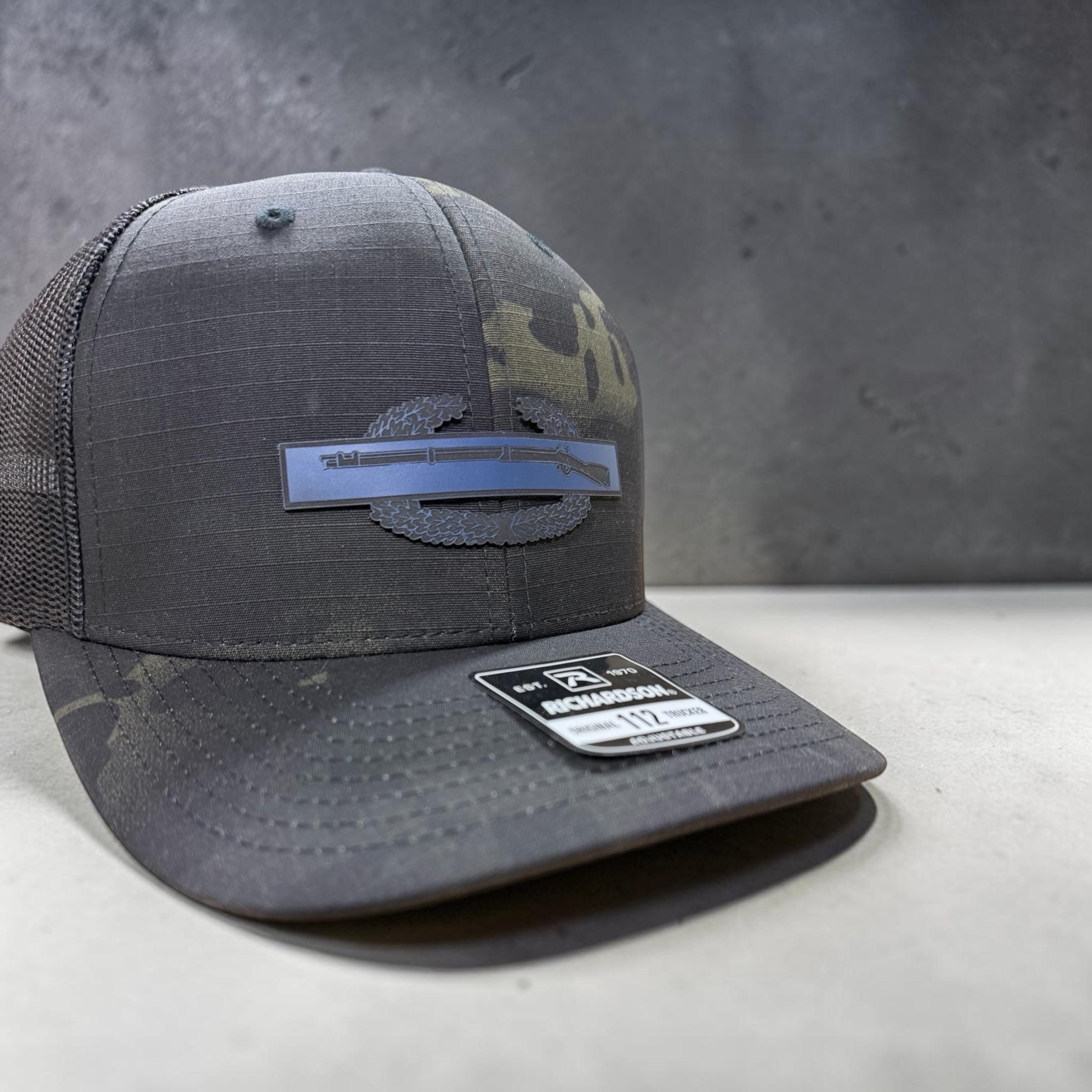 Combat Infantry Badge Leather Patch Hat – Tactical Military Hat – Veteran Gift – Richardson 112 Trucker – Custom Engraved Patch