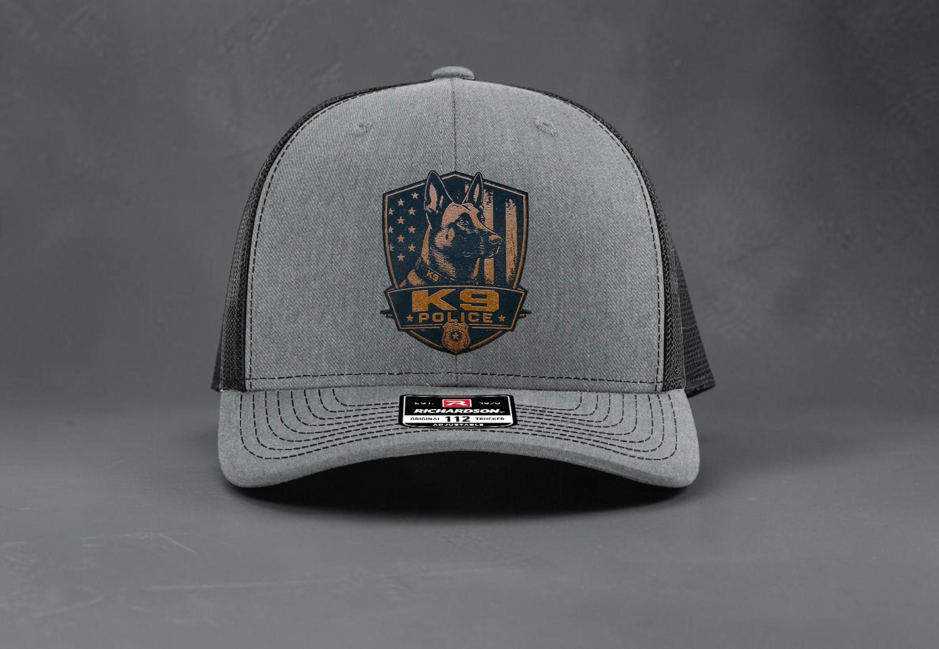 Custom K9 Leather Patch Hat – German Shepherd, Belgian Malinois, Bloodhound – Police or Sheriff – Laser Engraved Richardson 112 Style Hat