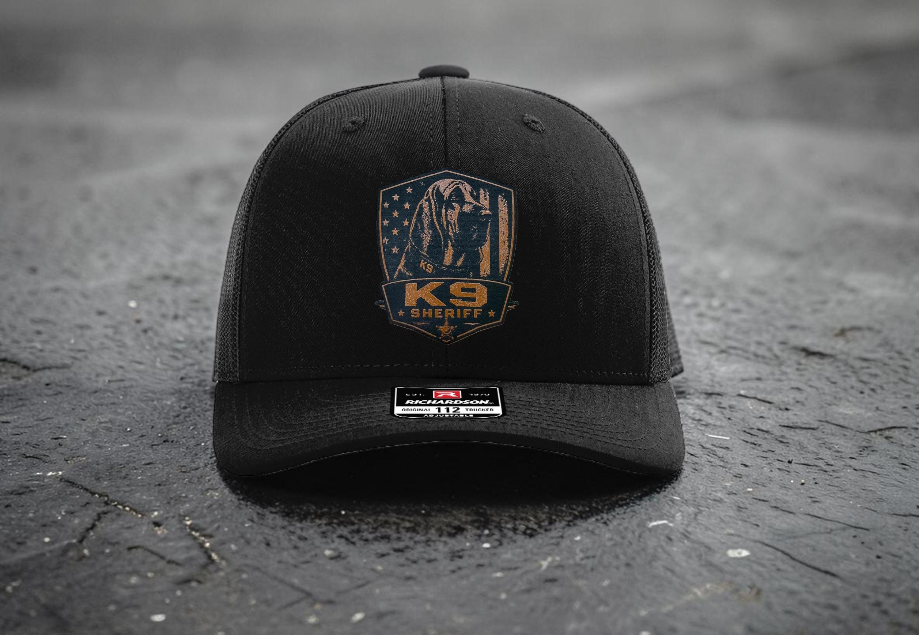 Custom K9 Leather Patch Hat – German Shepherd, Belgian Malinois, Bloodhound – Police or Sheriff – Laser Engraved Richardson 112 Style Hat
