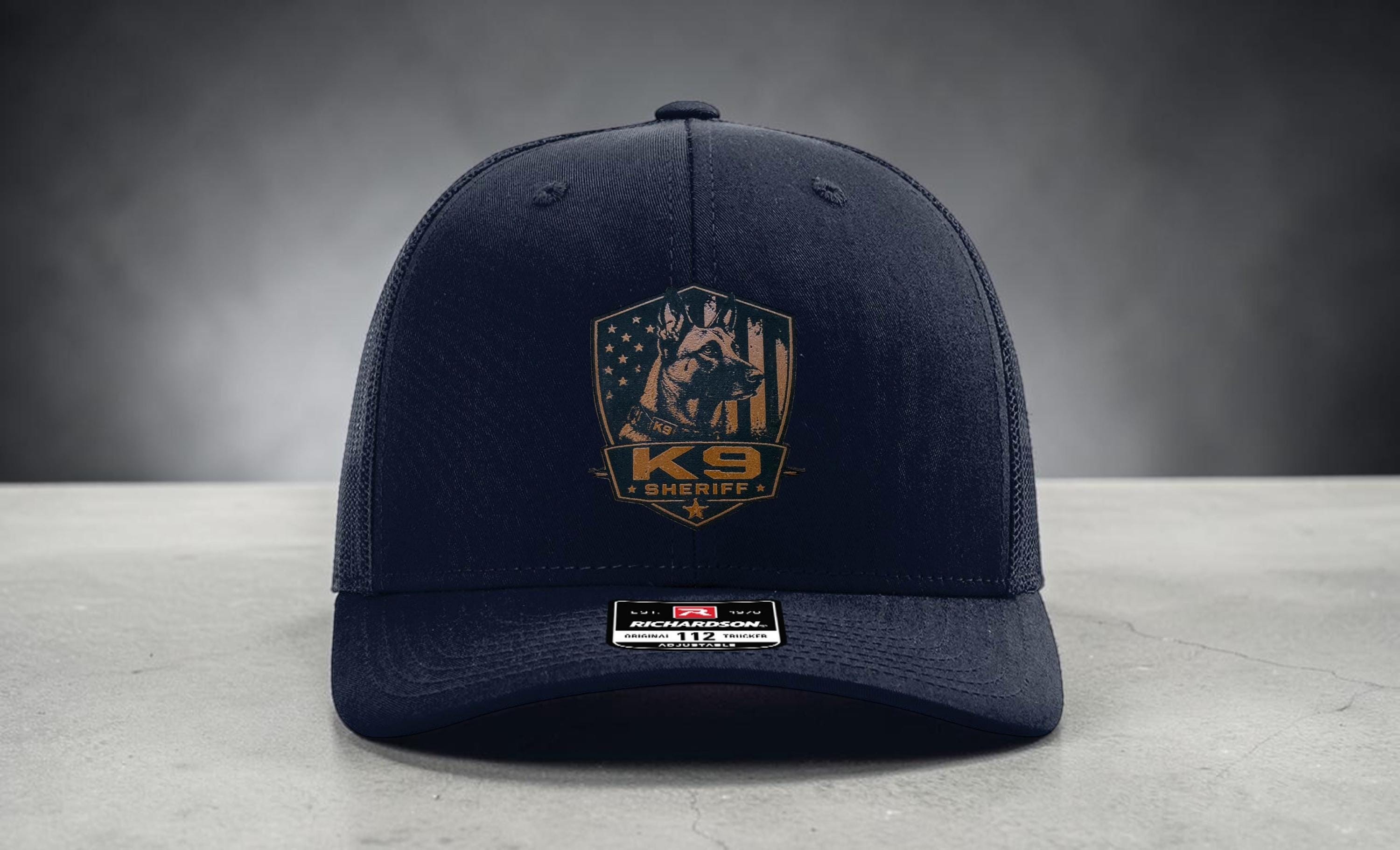 Custom K9 Leather Patch Hat – German Shepherd, Belgian Malinois, Bloodhound – Police or Sheriff – Laser Engraved Richardson 112 Style Hat