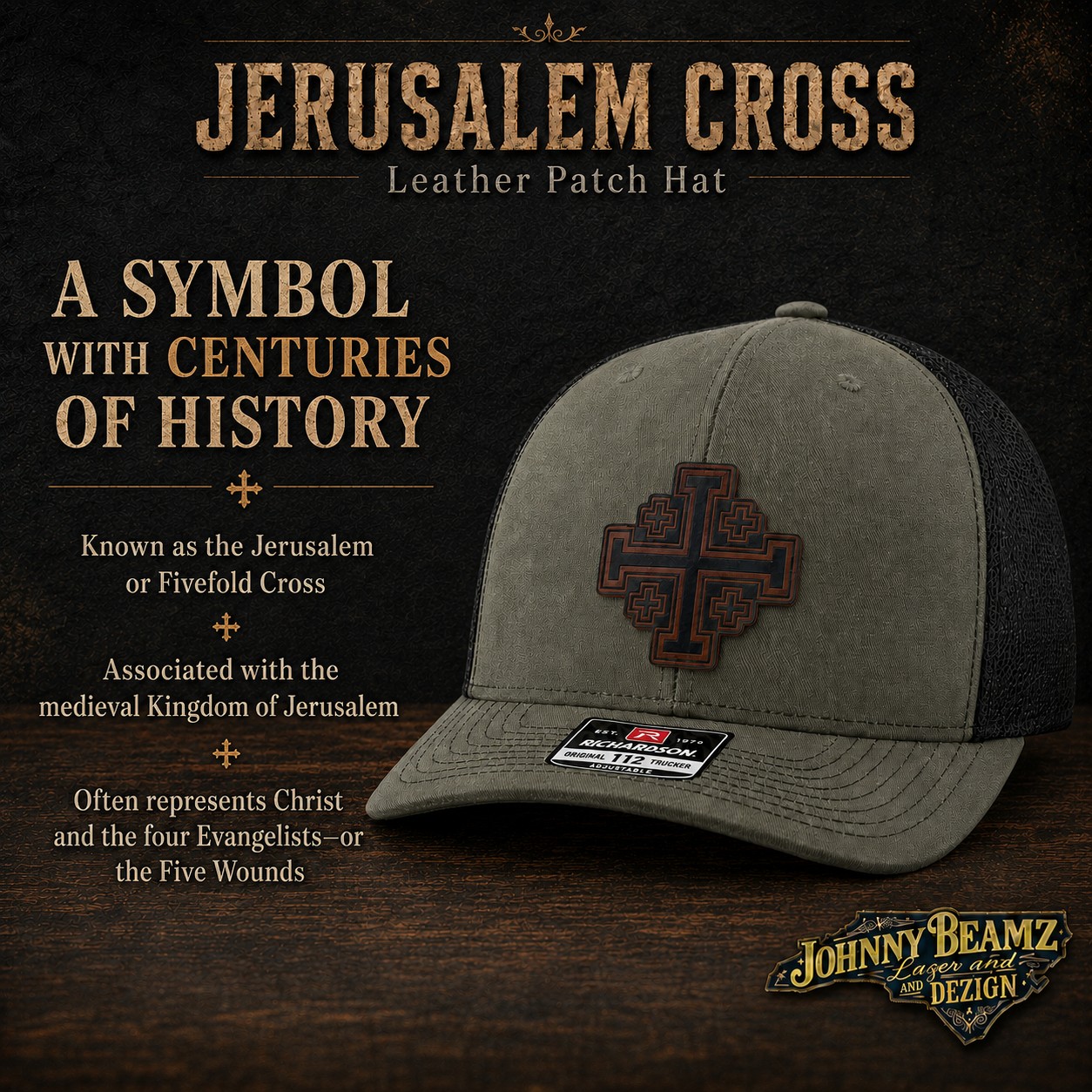 Jerusalem Cross Leather Patch Hat, Christian Trucker Cap, Fivefold Cross Faith Gift for Men