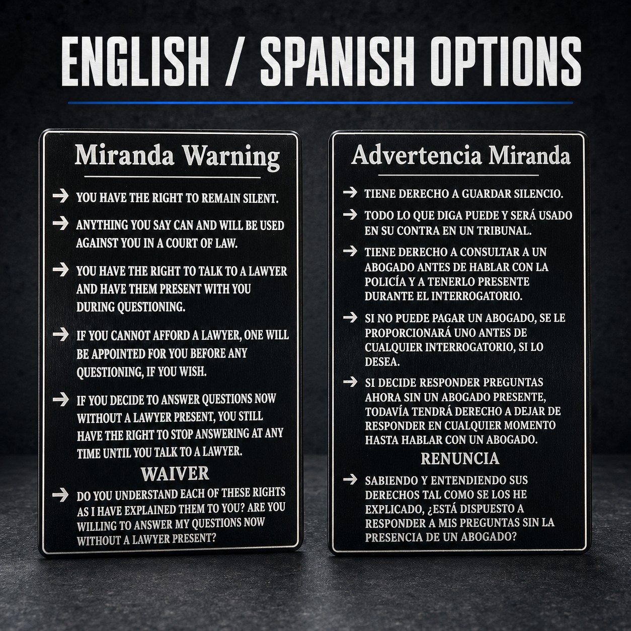 Metal Miranda Warning Card