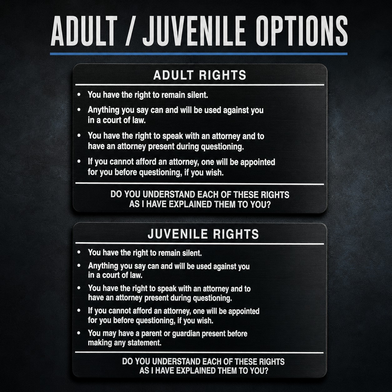 Metal Miranda Warning Card