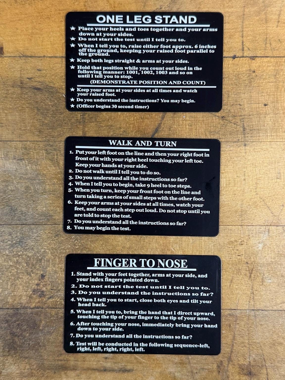 SFST Metal Reference Cards for Law Enforcement | Standardized Field Sobriety Testing Cards | Finger to Nose | Walk & Turn | One Leg Stand