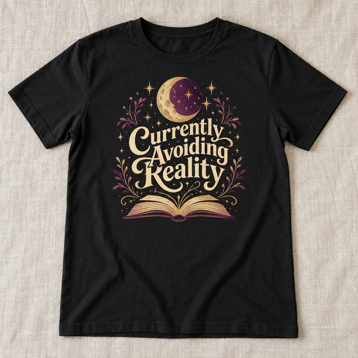 Black tee with Currently Avoiding Reality book lover design