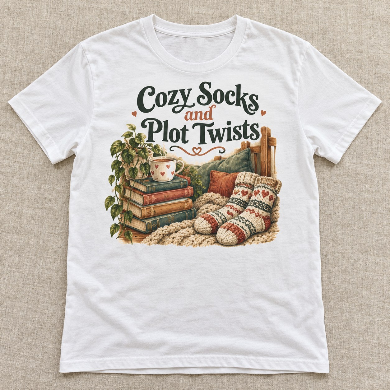 White tee with Cozy Socks and Plot Twists design