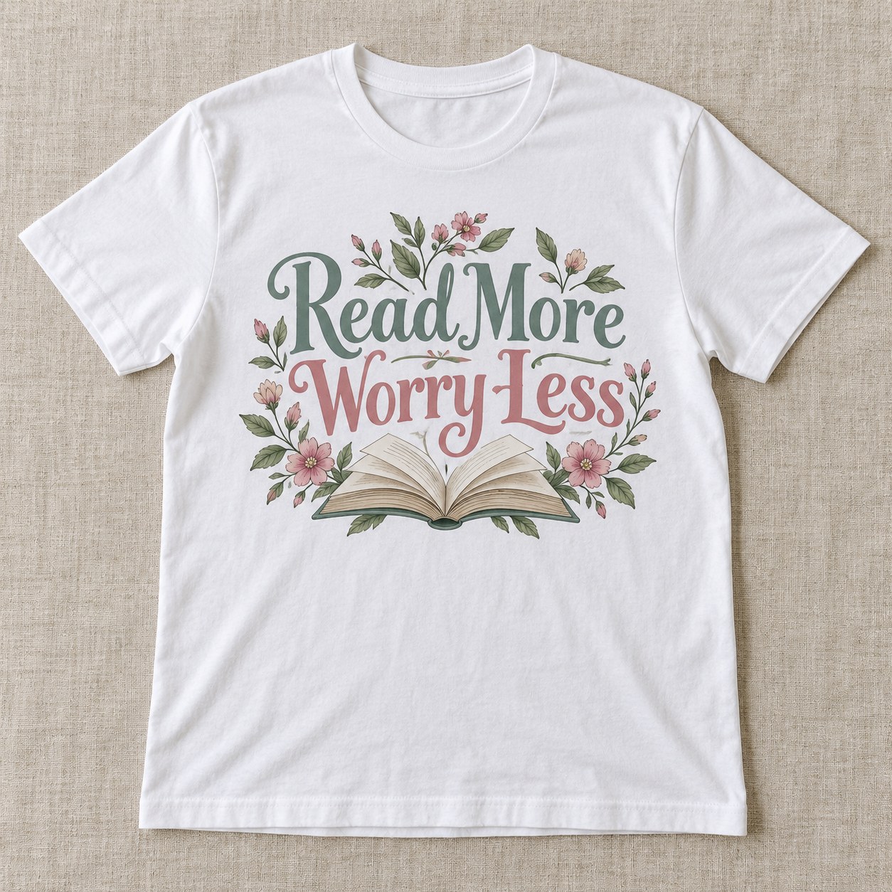 White tee with Read More Worry Less book lover design