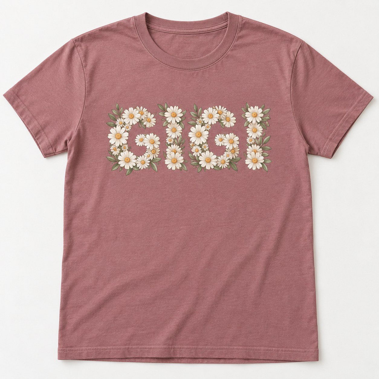 Gigi Daisy Letters tee mockup in Mauve