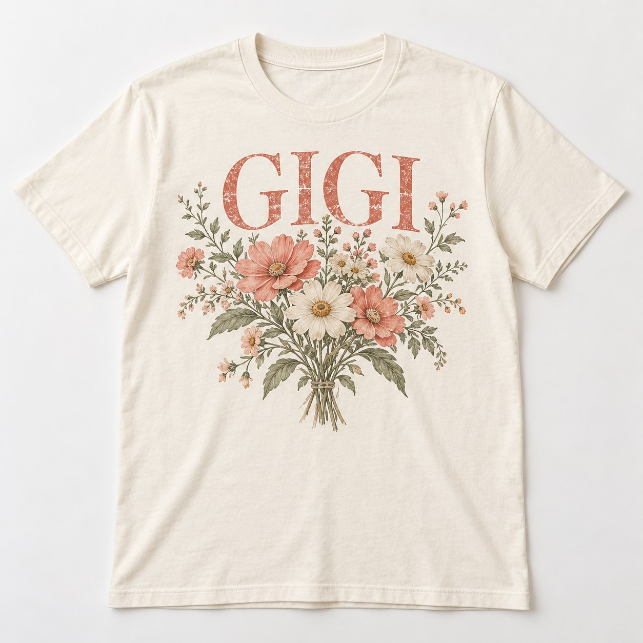 Gigi Wildflower Garden tee mockup in Ivory
