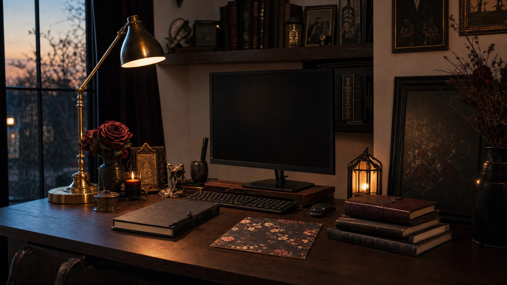 A warm gothic desk with a brass lamp, monitor, books, flowers, and dark stationery