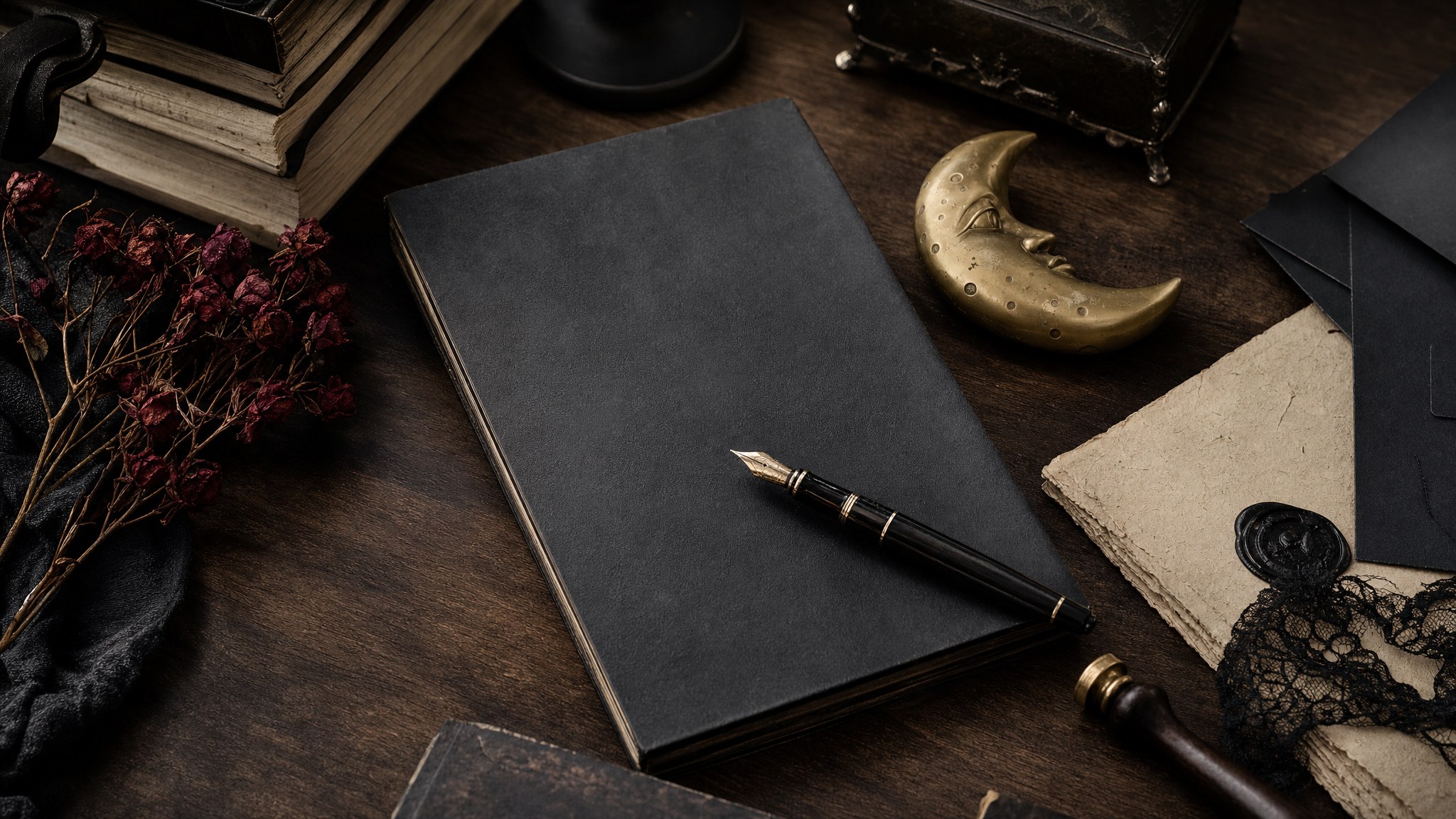 Dark stationery and a brass moon ornament on a wooden desk