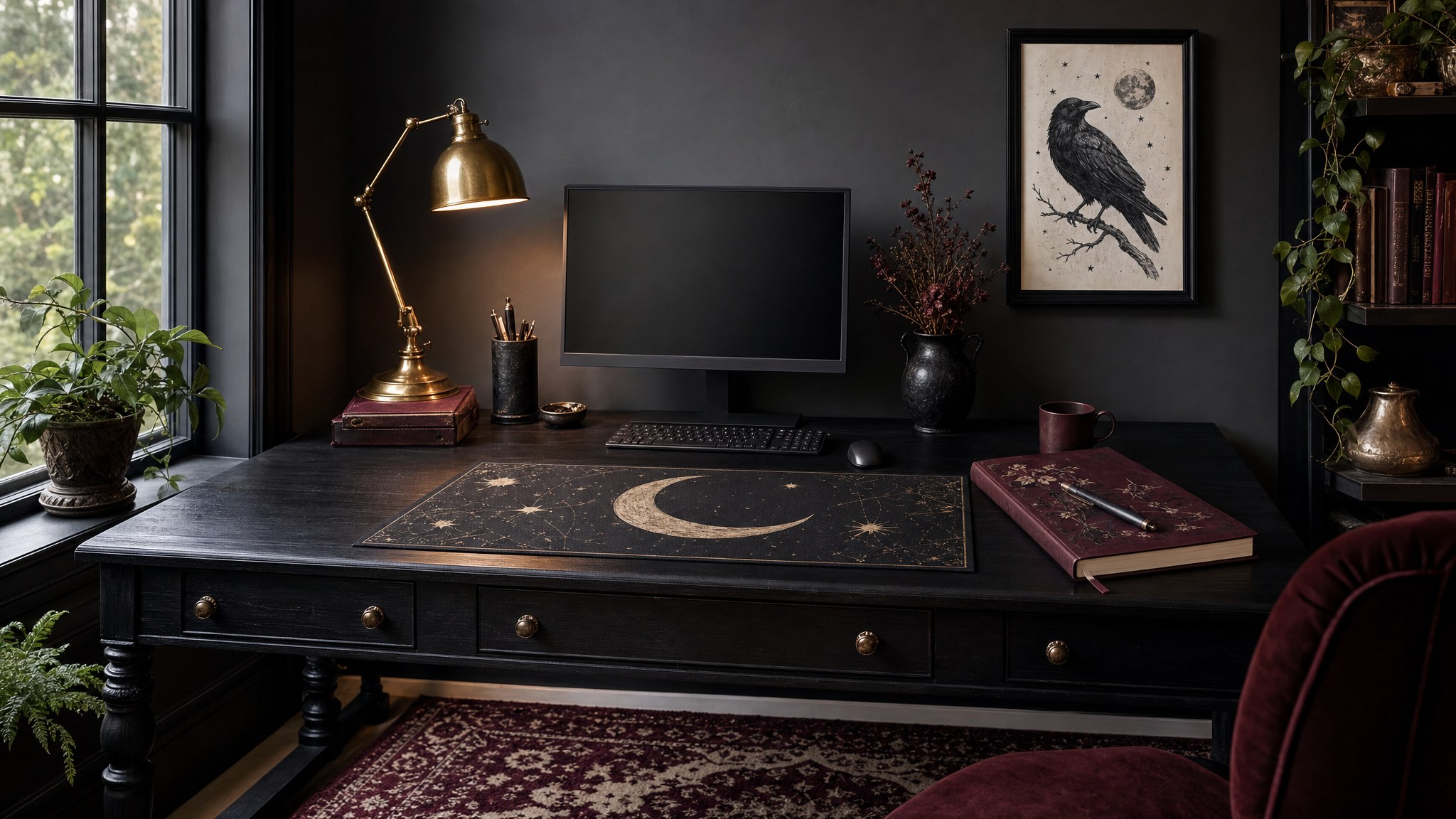 A usable gothic home office with a black desk, brass lamp, dark notebook, and raven art