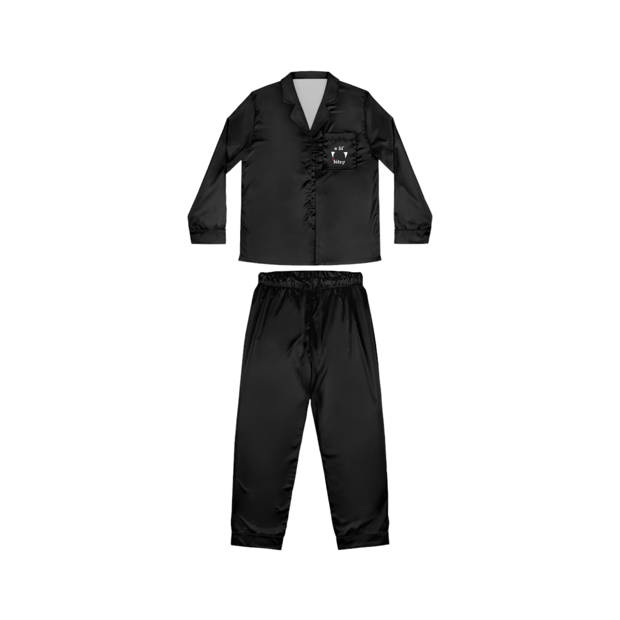 Black Satin Pajama Set - 'a lil' bitey' Vamp Cat Pocket & Leg Print
