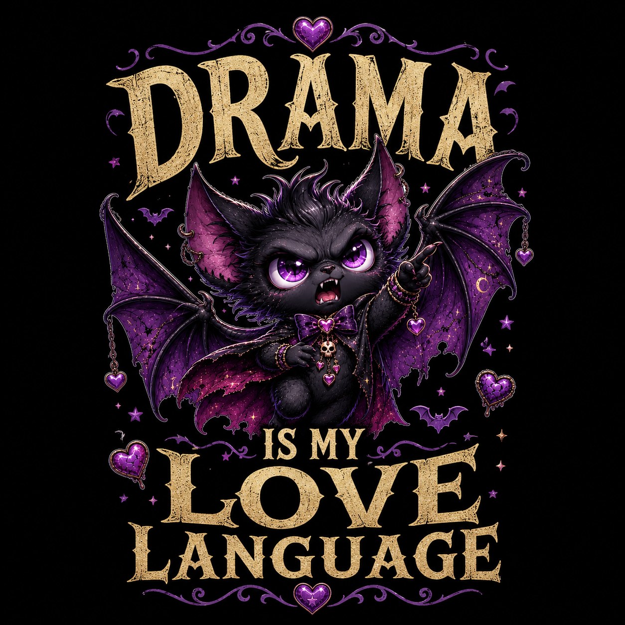 Drama Is My Love Language T-Shirt - Cute Gothic Bat Graphic Tee