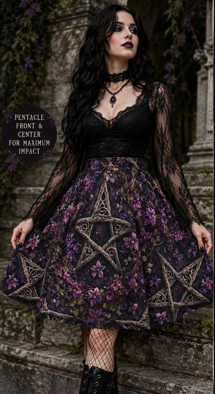 Floral Pentacle Skater Skirt - Gothic Purple Witchy AOP Skirt