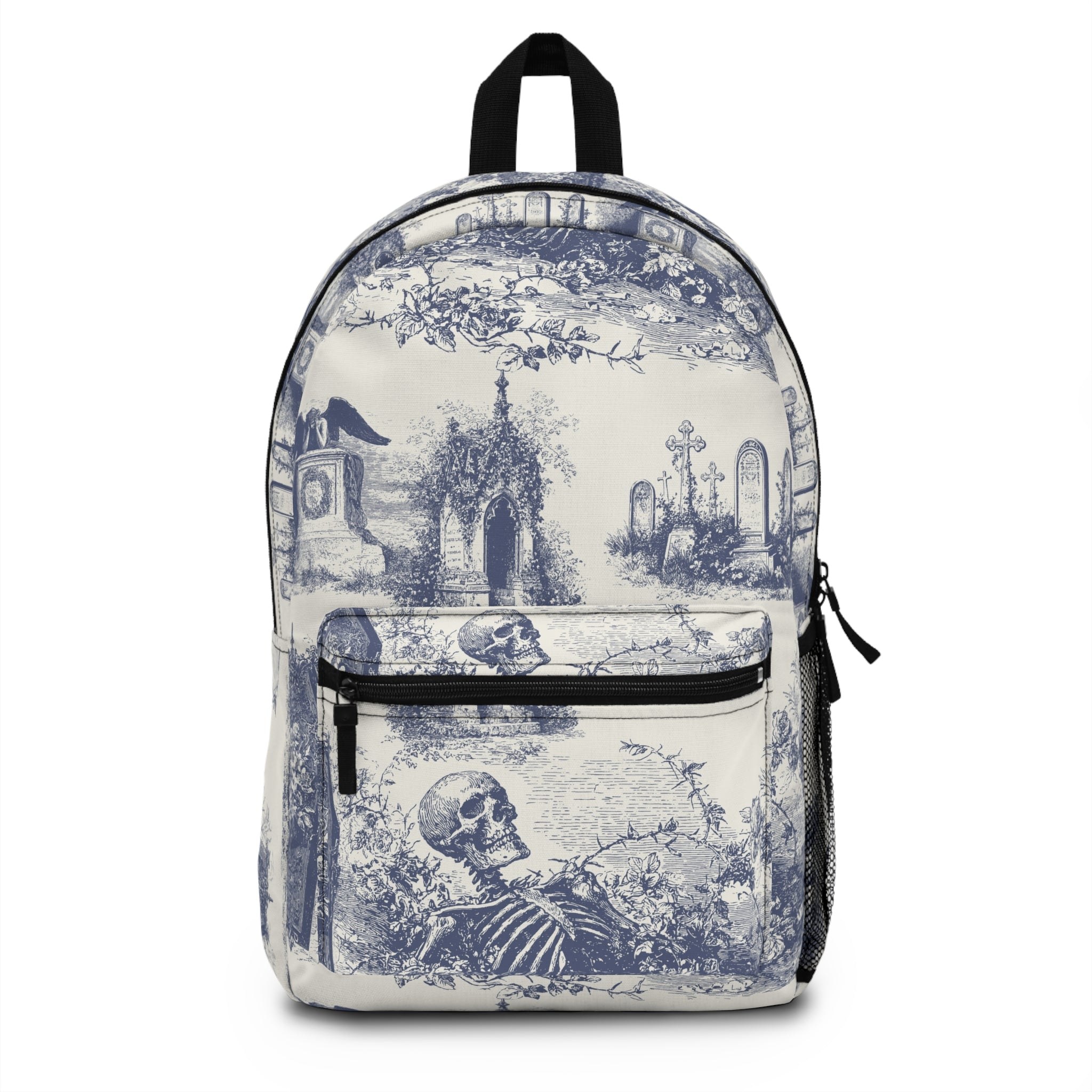 Gothic Toile Backpack Vintage Cemetery Skeleton Print