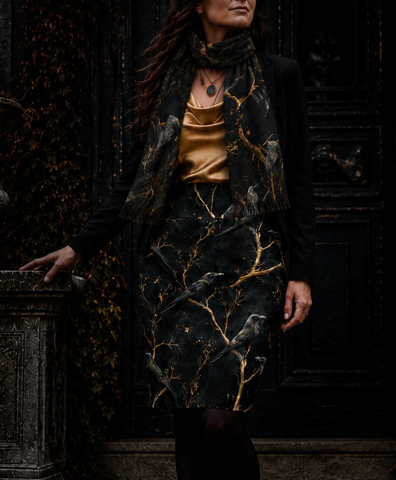 Light Gold & Ravens Scarf Complimetary for Skirt