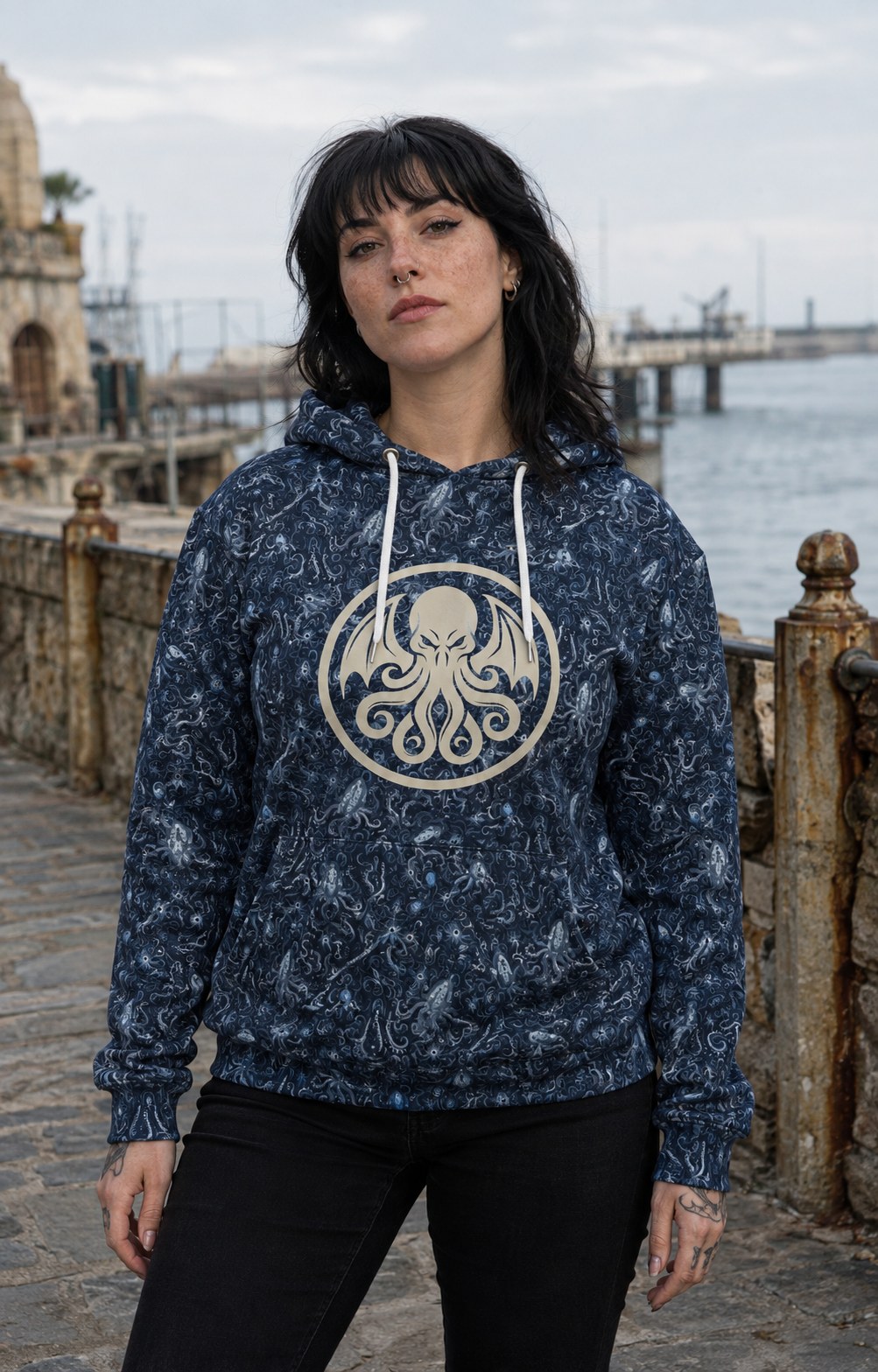 Octopus Emblem All-Over Print Hoodie – Nautical Vintage Sea Monster Graphic