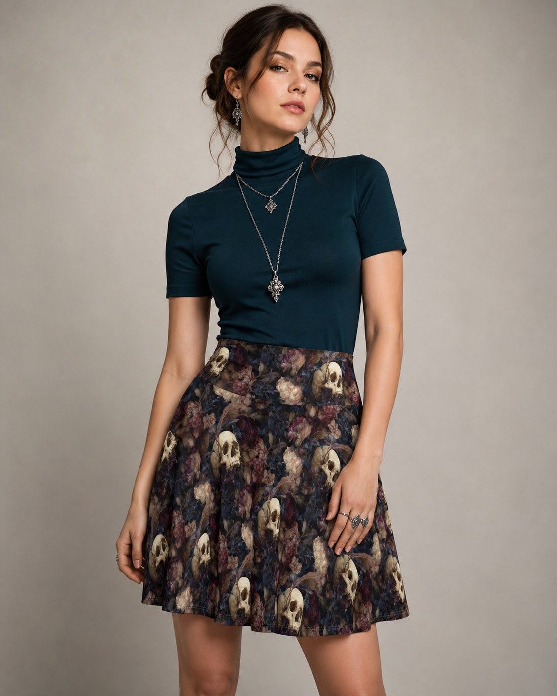 One Page Away Gothic Floral Skull Skater Skirt