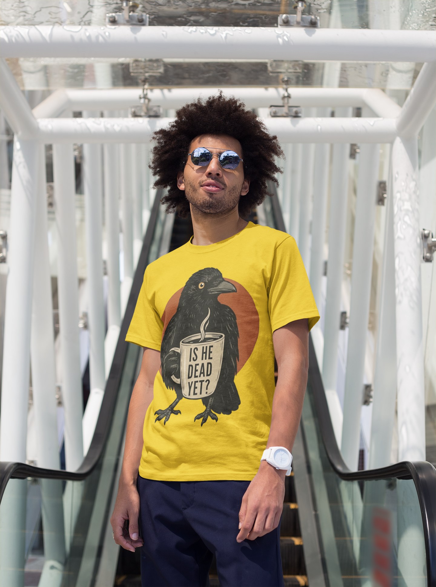 Raven Coffee Tee "Is He Dead Yet?" Humor T-Shirt