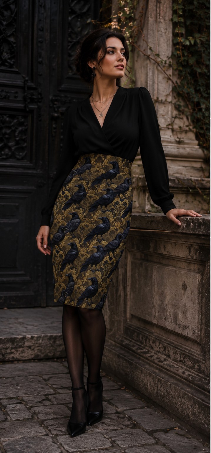 Raven Damask Pencil Skirt - Gothic Victorian Floral Pattern