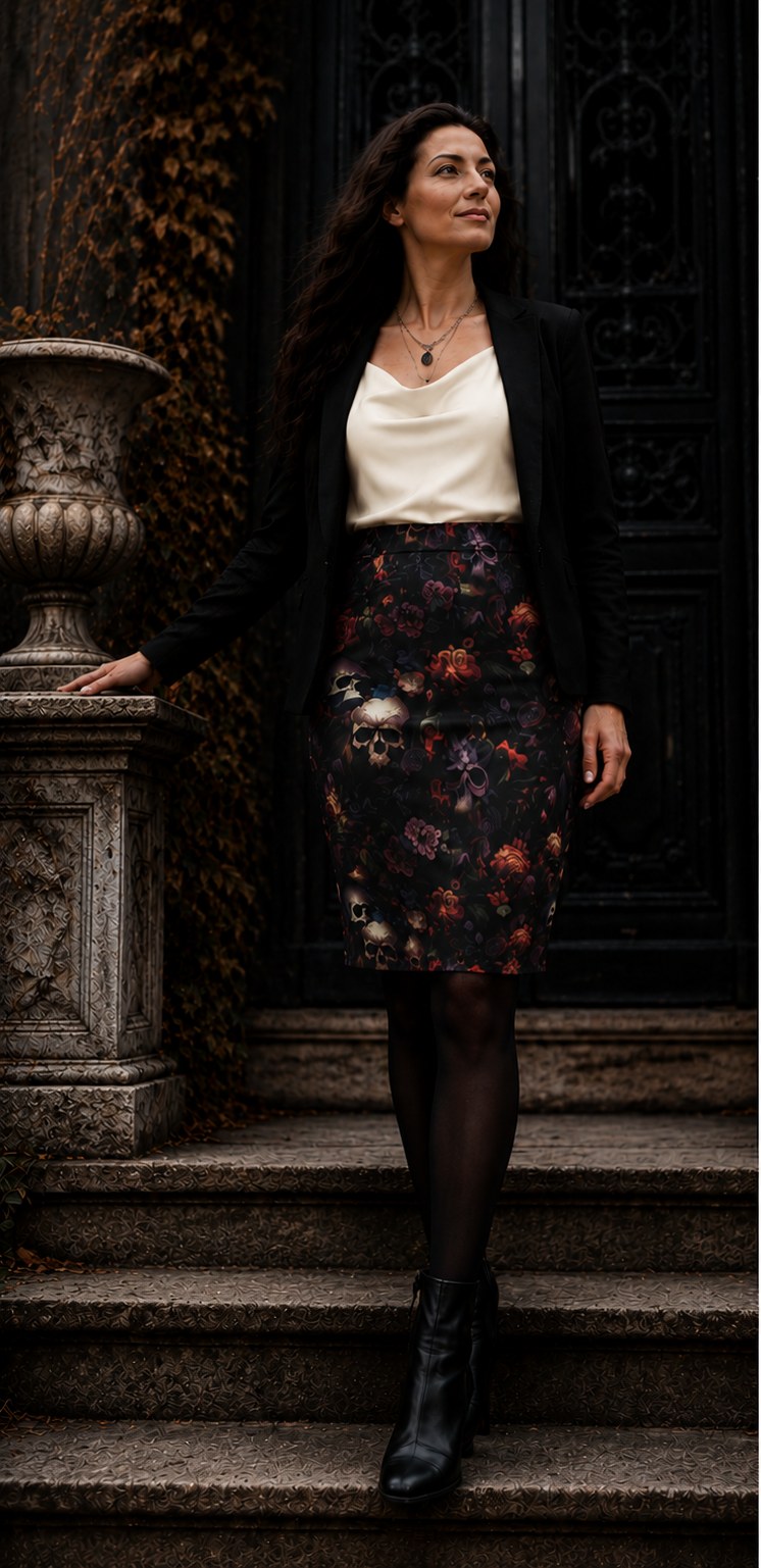 Skull & Dark Floral Pencil Skirt - Gothic Floral Women's Skirt