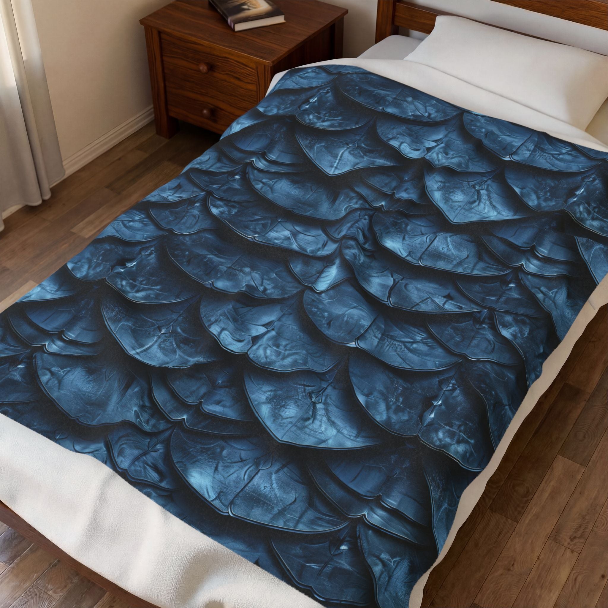 Velveteen Plush Blanket Deep Blue Dragon Mermaid Scale Throw