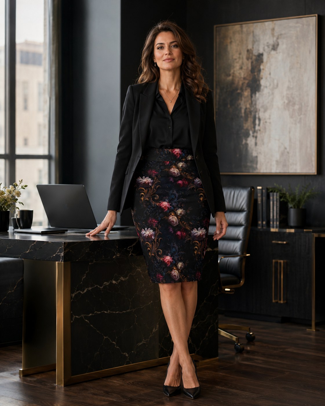 Women's Pencil Skirt with All Over Rococo Floral Print