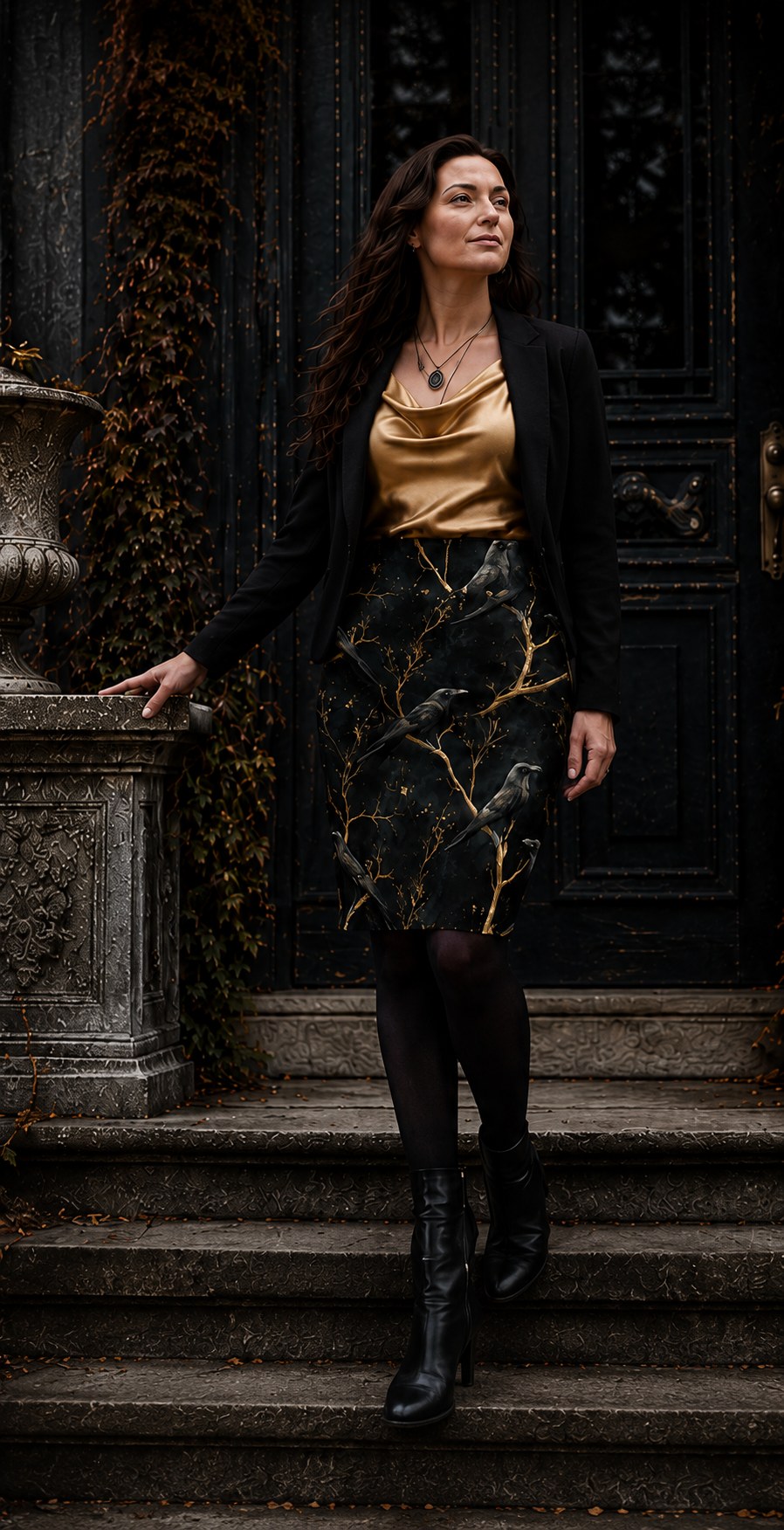 Women's Pencil Skirt with all over print of Gold Branches and Ravens