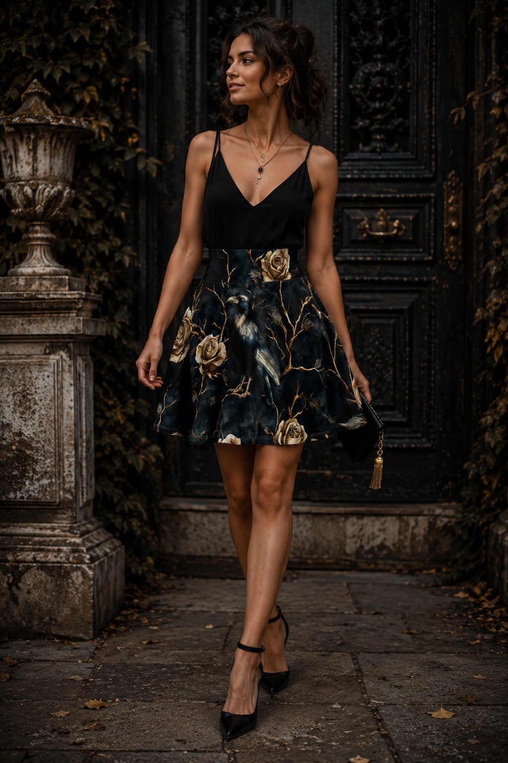 Women's Skater Skirt All Over Print Gold Roses Black Raven