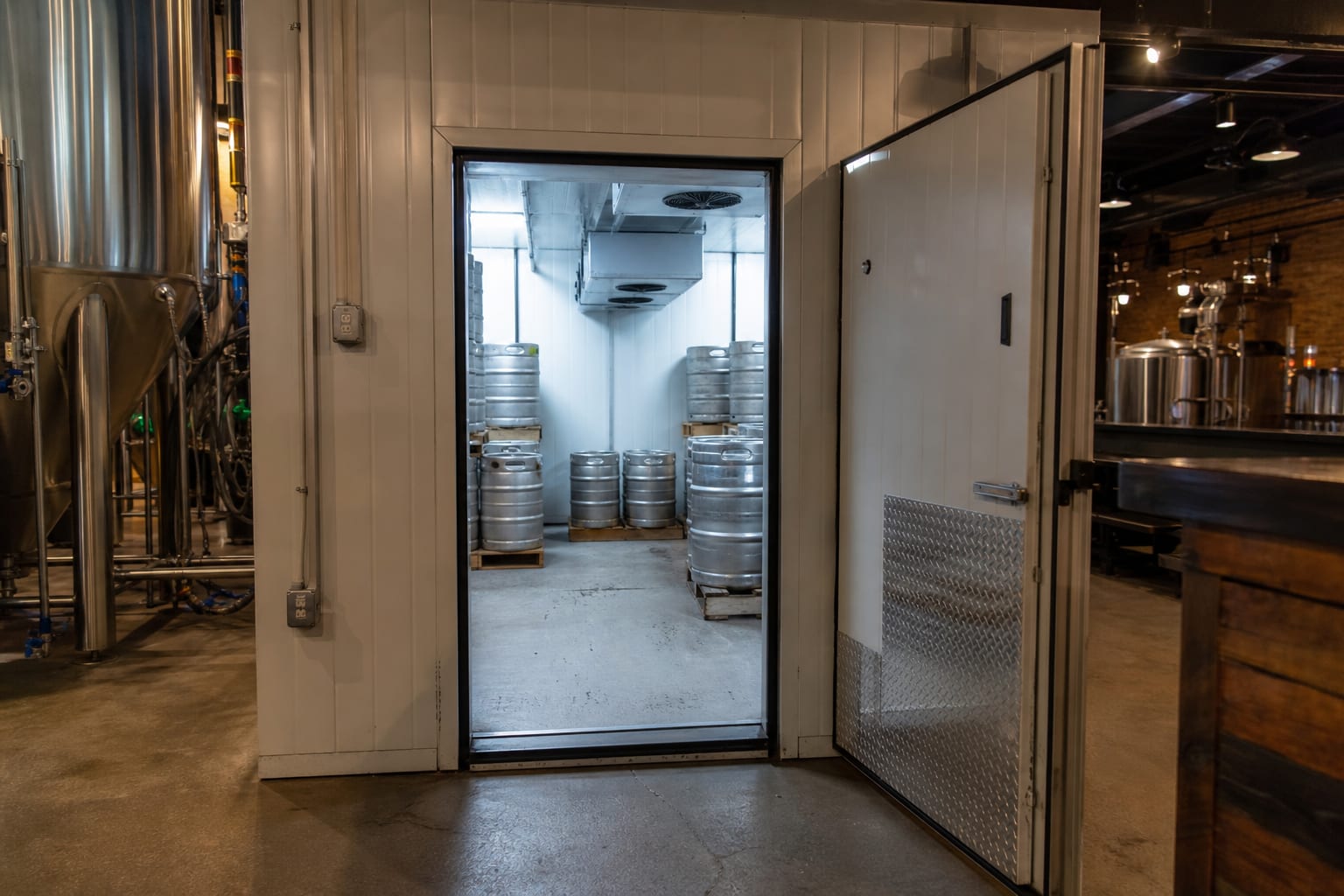 Brewery cooler with keg storage and commercial ventilation hardware