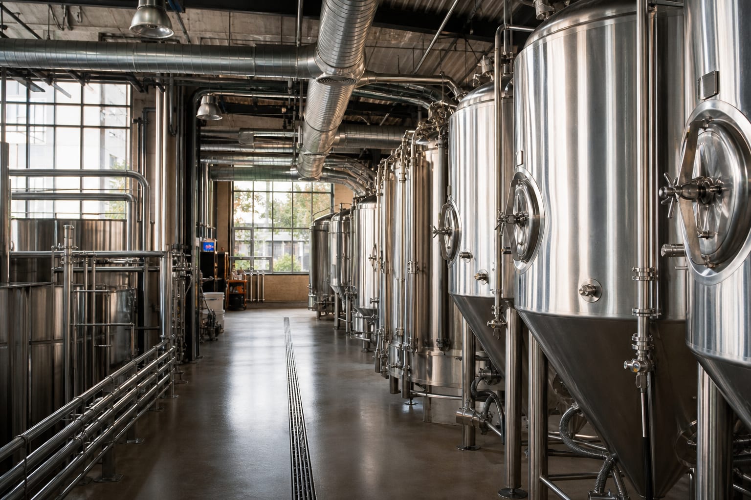 Brewery fermentation cellar with stainless tanks and overhead ventilation ductwork