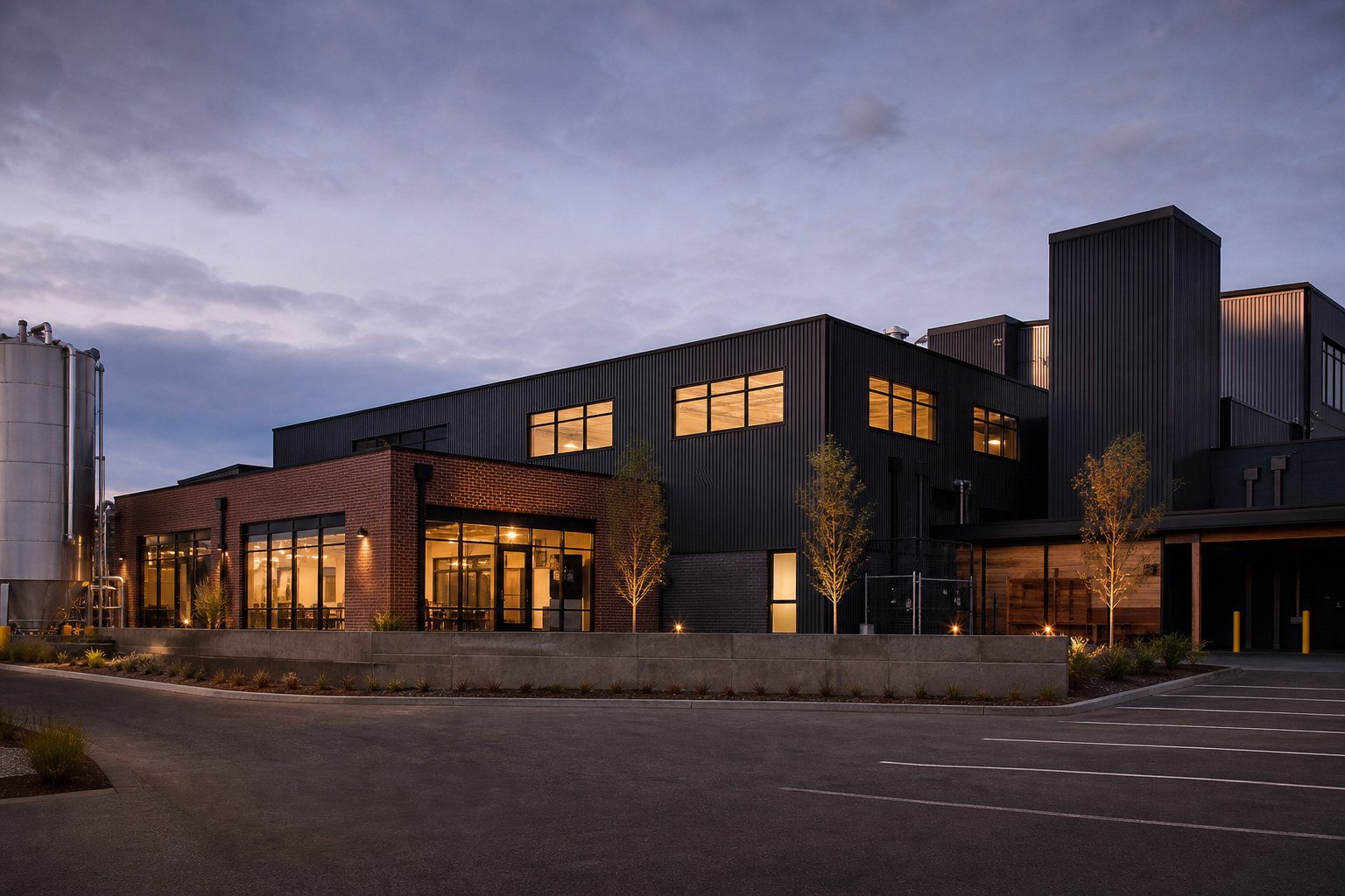 Craft beverage facility at dusk