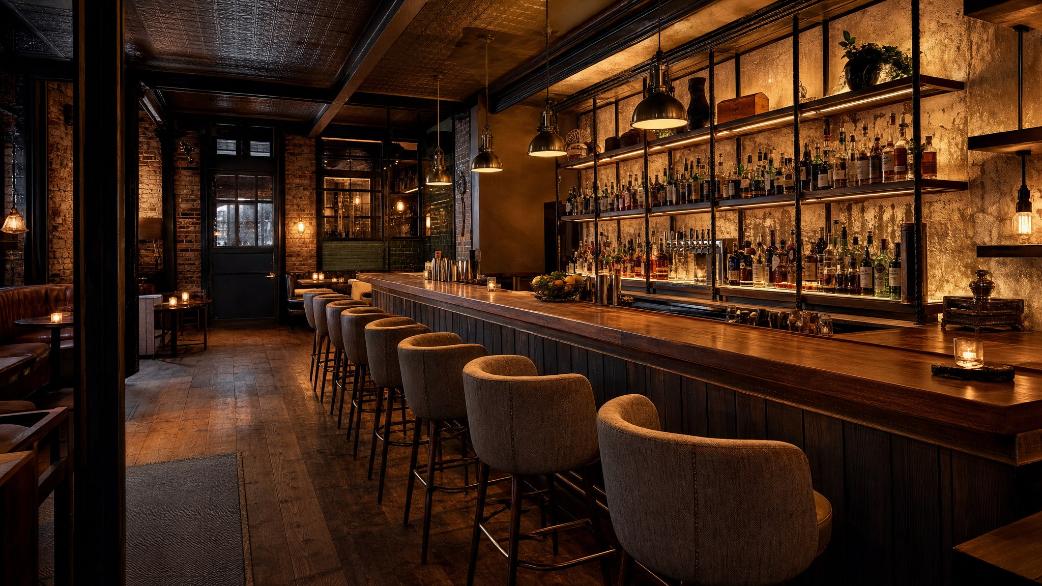 Warm neighborhood cocktail bar with a long wood bar and upholstered stools