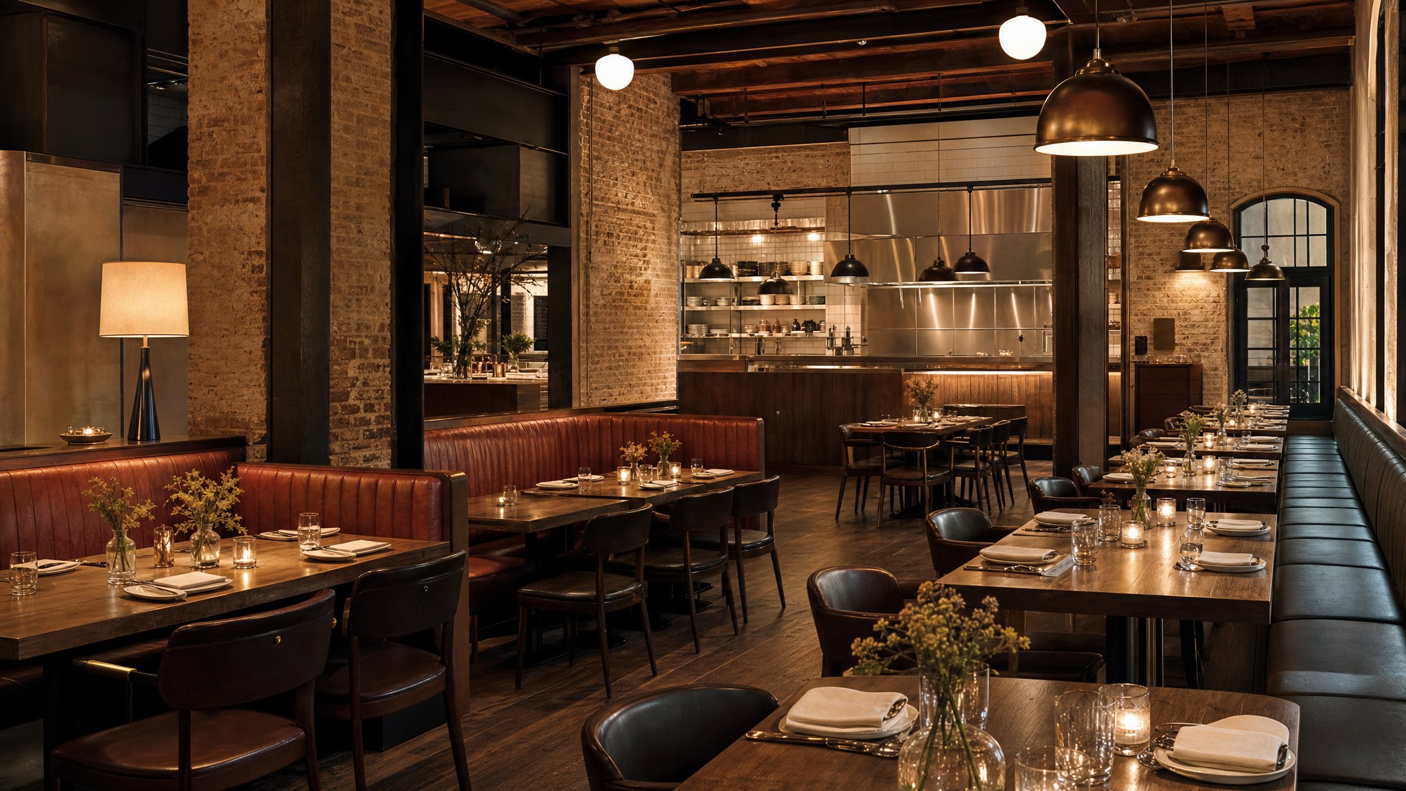 Warm full-service restaurant interior with an open kitchen and leather banquettes