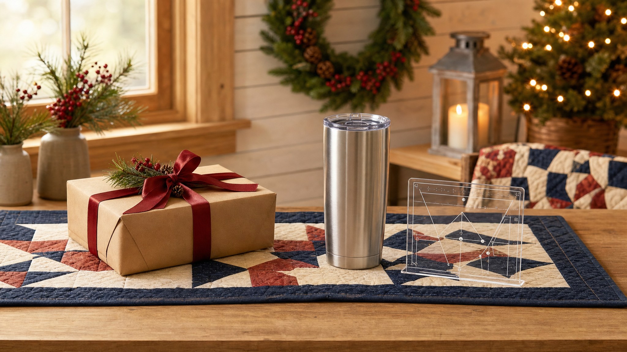 Holiday gift, tumbler and acrylic quilting template arranged on a quilted worktable