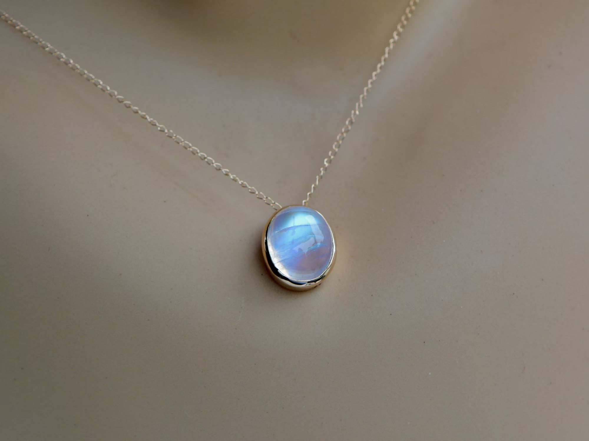 Blue Moonstone Oval Slide Necklace Solid 14k Gold : June Birthstone