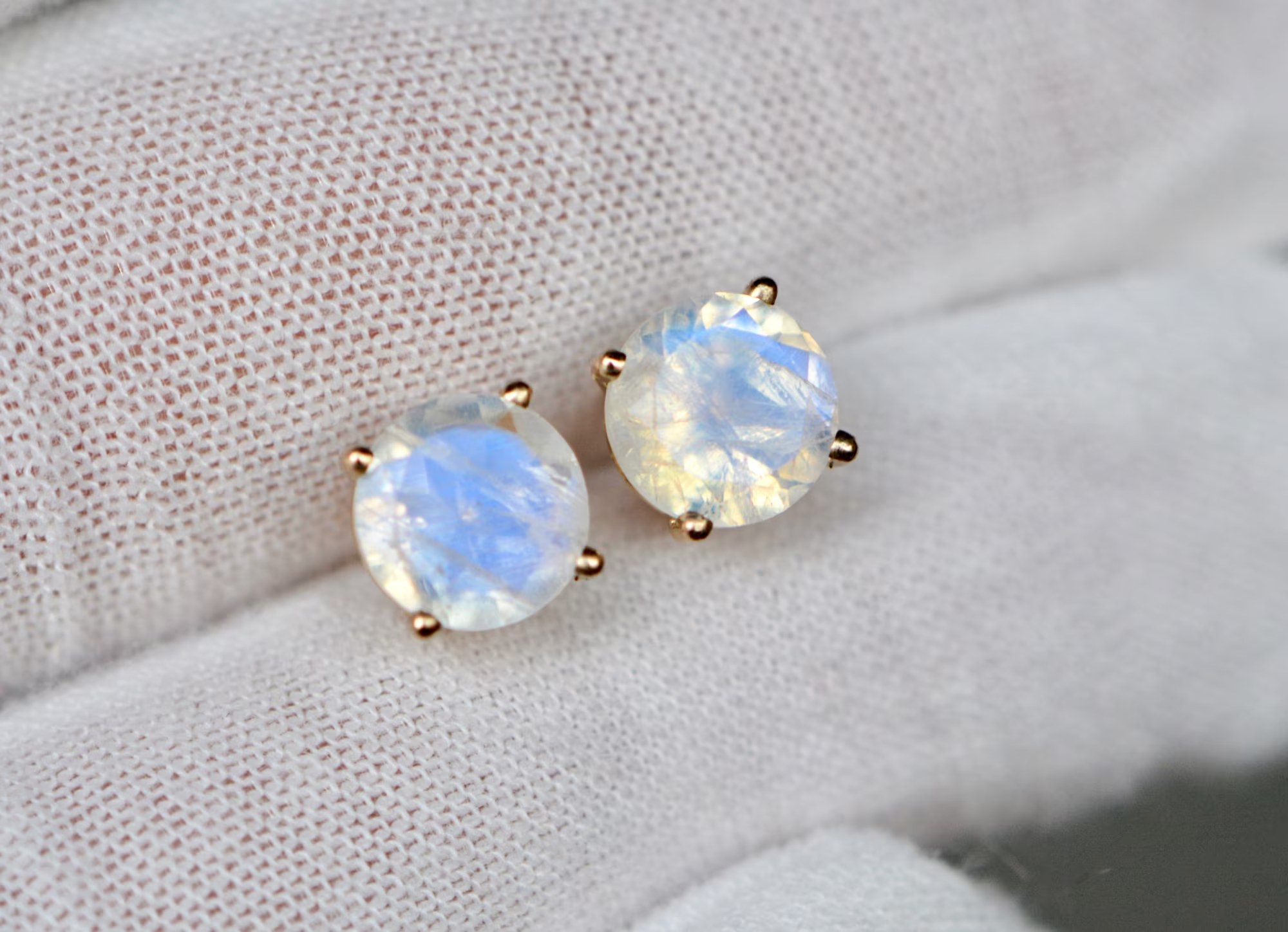 Round Rainbow Moonstone Stud Earrings 14kt Gold : June Birthstone