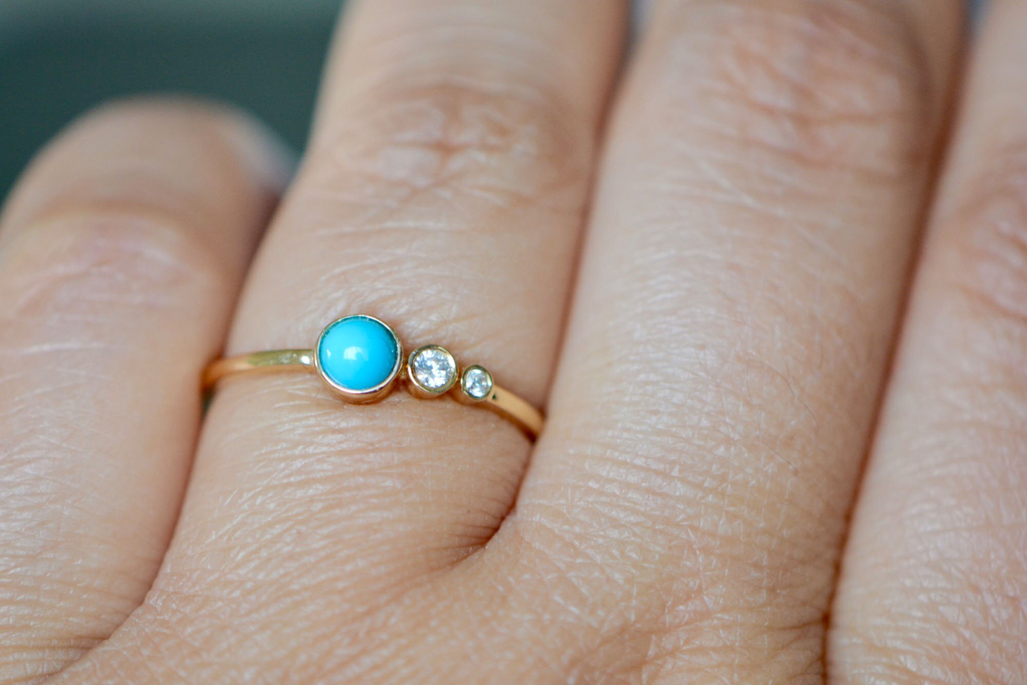 Turquoise Diamond Ring Stacking Ring 14k Gold : December April Birthstone Jewelry, worn view