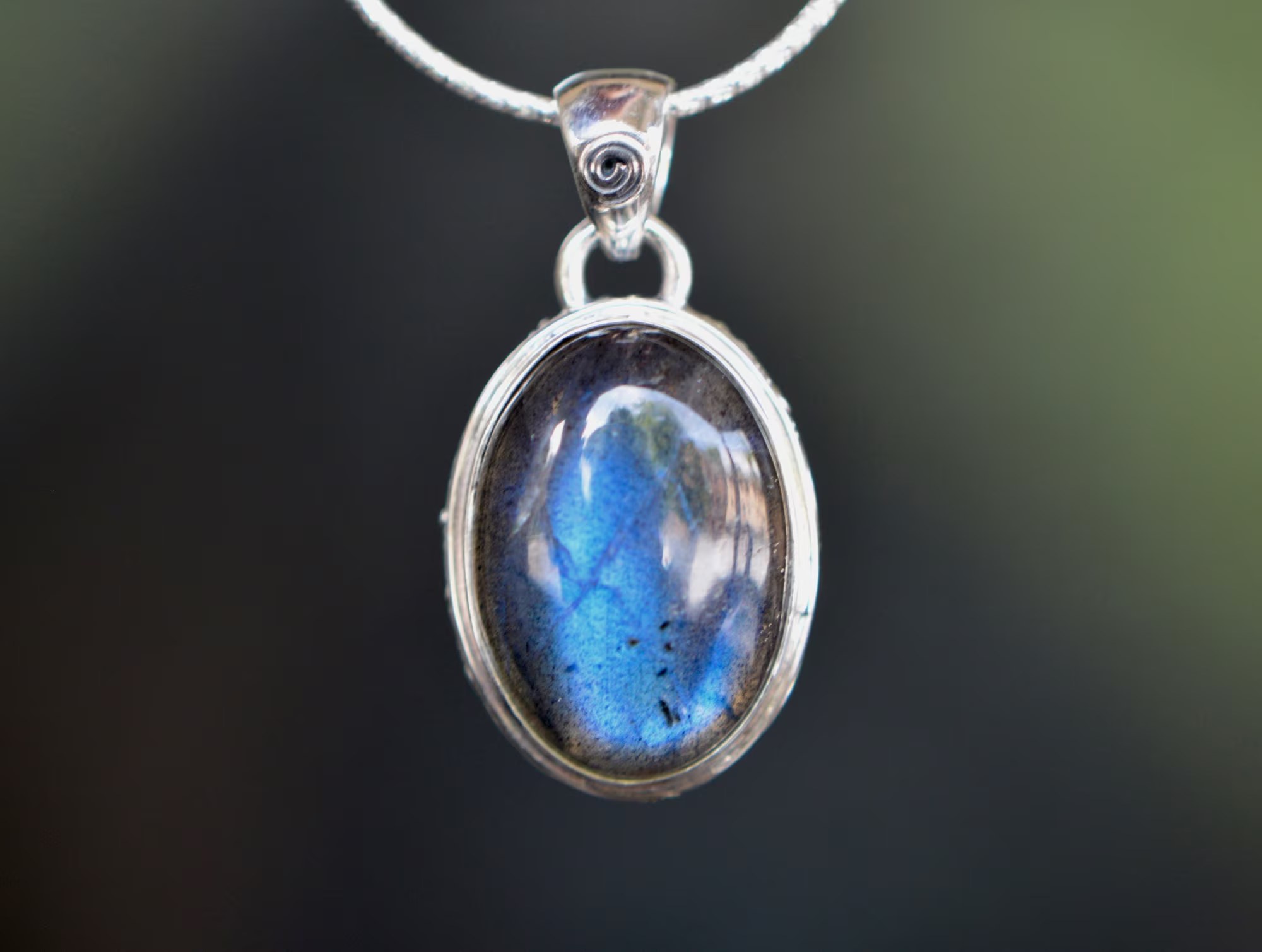 Large Labradorite Oval Necklace Sterling Silver : Blue Simple Stone Pendant for Women