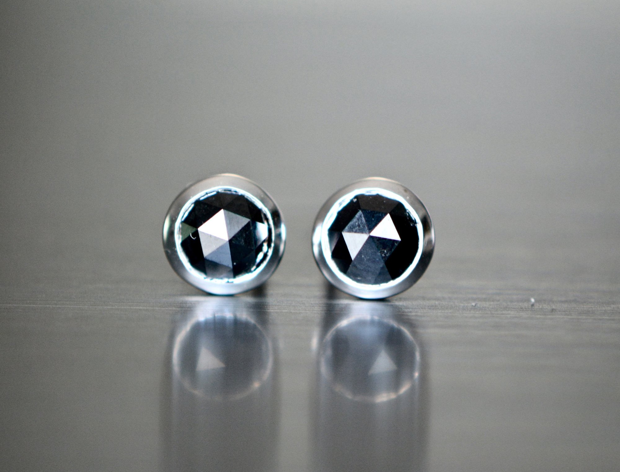 Black Diamond 1.25 cts Rose Cut 14kt White Gold Stud Earrings 6mm : April Birthstone Jewelry