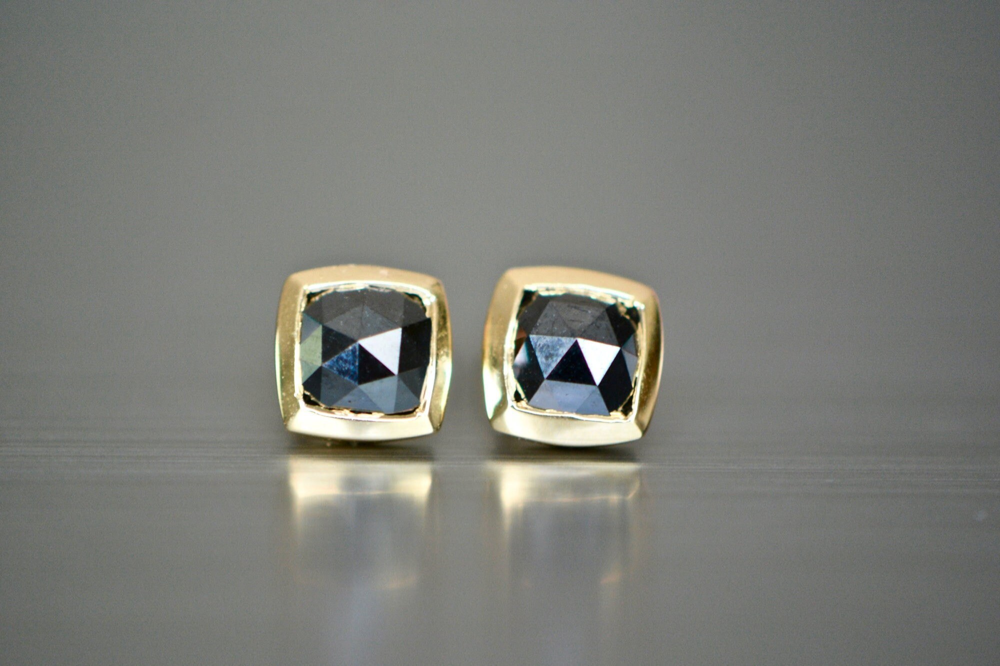Black Diamond Natural Rose Cut Square 6 cts 14kt Gold Stud Earrings : April Birthstone Jewelry